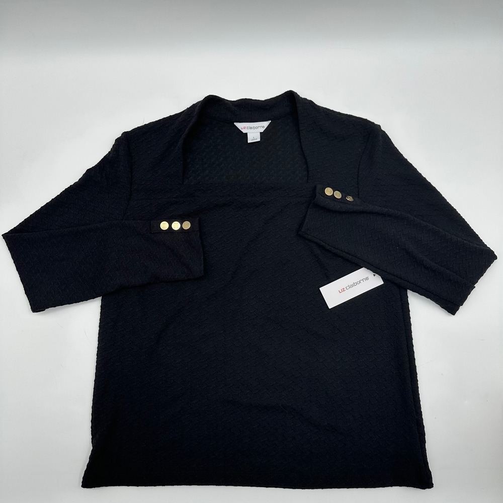 Liz Claiborne Womens Black Square Neck Textured Top Gold Button Cuff Large NEW
